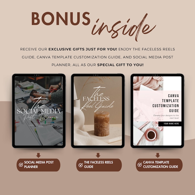 K&ouml;nnte beinhalten: Drei digitale Leitf&auml;den f&uuml;r Social-Media-Marketing. Der erste Leitfaden hei&szlig;t "The Social Media Post Planner". Der zweite Leitfaden hei&szlig;t "The Faceless Reels Guide". Der dritte Leitfaden hei&szlig;t "Canva Template Customization Guide".