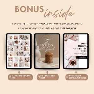 May include: Three tablets showing digital guides and Instagram posts. The text says "BONUS inside" and "RECEIVE 50+ AESTHETIC INSTAGRAM POST EDITABLE IN CANVA & 2 COMPREHENSIVE GUIDES AS OUR GIFT FOR YOU!" The guides are for Instagram and Canva.