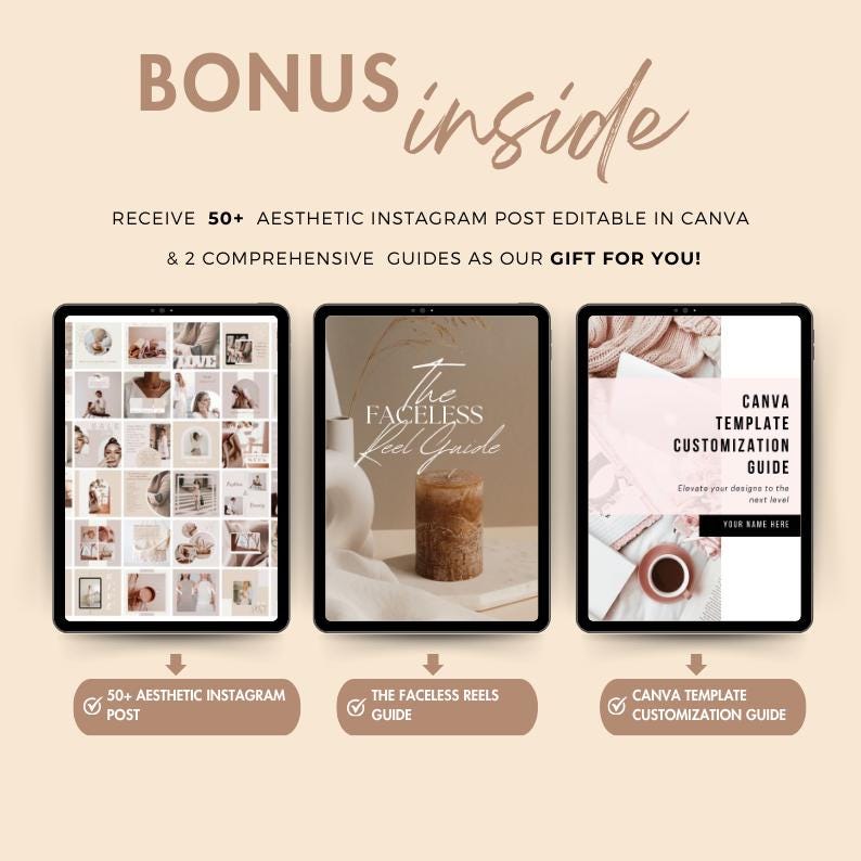 May include: Three tablets showing digital guides and Instagram posts. The text says "BONUS inside" and "RECEIVE 50+ AESTHETIC INSTAGRAM POST EDITABLE IN CANVA & 2 COMPREHENSIVE GUIDES AS OUR GIFT FOR YOU!" The guides are for Instagram and Canva.