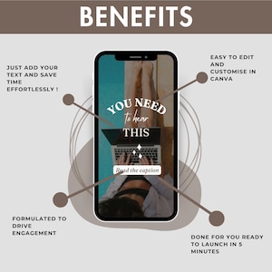 May include: A phone screen mockup with a graphic design that says "You need to hear this" with a woman's legs and a laptop in the background. The text "Read the caption" is at the bottom of the screen. The phone screen is surrounded by brown circles and lines. The text "Benefits" is at the top of the image. The text "Just add your text and save time effortlessly!" is in the top left corner. The text "Formulated to drive engagement" is in the bottom left corner. The text "Easy to edit and customize in Canva" is in the top right corner. The text "Done for you ready to launch in 5 minutes" is in the bottom right corner.