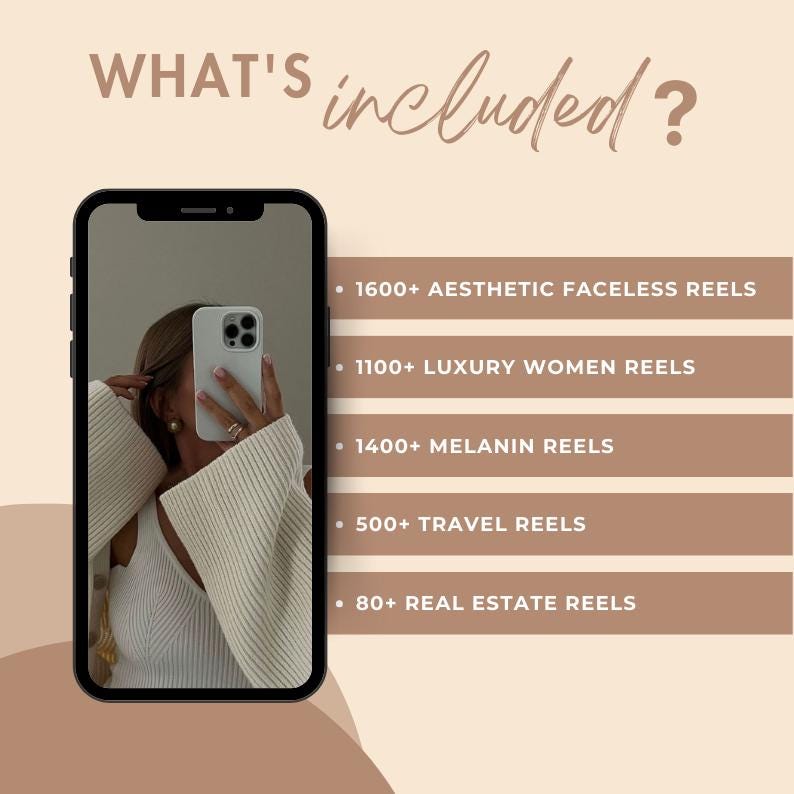 May include: A smartphone screen shows content categories such as "Aesthetic Faceless Reels," "Luxury Women Reels," and "Melanin Reels." The image features a person holding the phone. The text "WHAT'S included?" is at the top, with a neutral colour scheme.