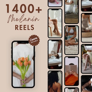 K&ouml;nnte beinhalten: Eine Collage von Bildern mit Menschen unterschiedlicher Hautfarben, die eine Vielzahl von Posen und Umgebungen zeigen. Der Text "1400+ Melanin Reels Canva Editable" wird auf der linken Seite des Bildes angezeigt.