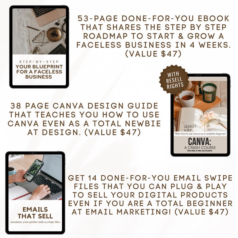 May include: Three digital product mockups with text overlays describing the products. The first mockup is a blue and white ebook cover with the text "Step-by-Step Your Blueprint for a Faceless Business". The second mockup is a Canva design guide with the text "38 Page Canva Design Guide That Teaches You How to Use Canva Even as a Total Newbie at Design. (Value $47)". The third mockup is a set of email swipe files with the text "Get 14 Done-For-You Email Swipe Files That You Can Plug & Play to Sell Your Digital Products Even If You Are a Total Beginner at Email Marketing! (Value $47)".