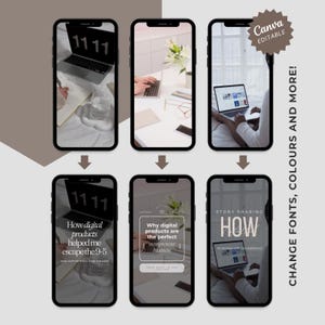 May include: A set of four Instagram story templates with a minimalist design. The templates feature a laptop, a white flower, and text that reads "How digital products helped me escape the 9-5", "Why digital products are the perfect business", and "Story Sharing: How".