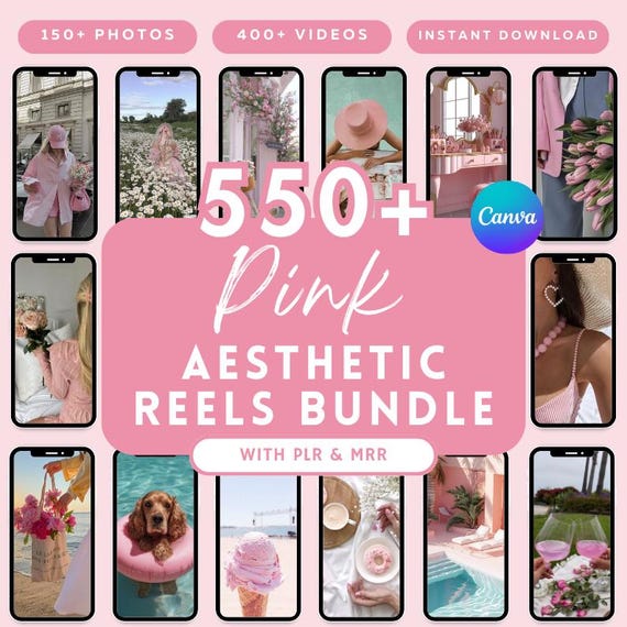550+ Pink Aesthetic Faceless Videos Photo Bundle for Instagram Reels, Faceless Digital Marketing Videos Master Resell Rights, MRR/PLR, Canva