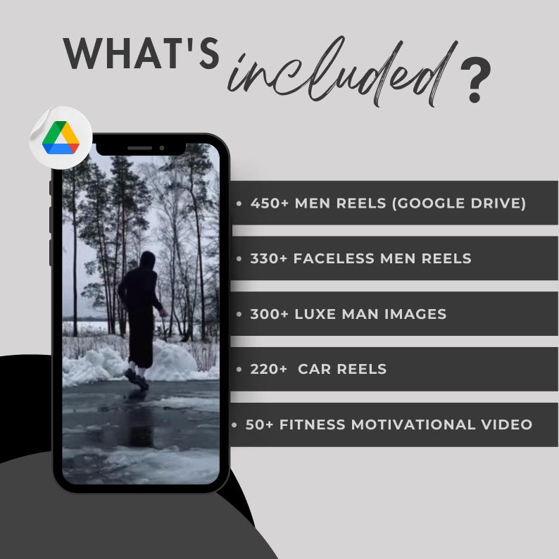 May include: A smartphone screen displaying a list of digital content, including men's reels, faceless men reels, luxe man images, car reels, and fitness motivational videos. The text "WHAT'S included?" is at the top of the screen. The smartphone is on a black background.