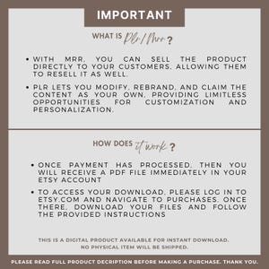 May include: A text-based image explaining the difference between MRR and PLR, two types of digital products. The image explains that MRR products can be resold by customers, while PLR products can be modified and rebranded. The image also explains how to access the digital product after purchase.