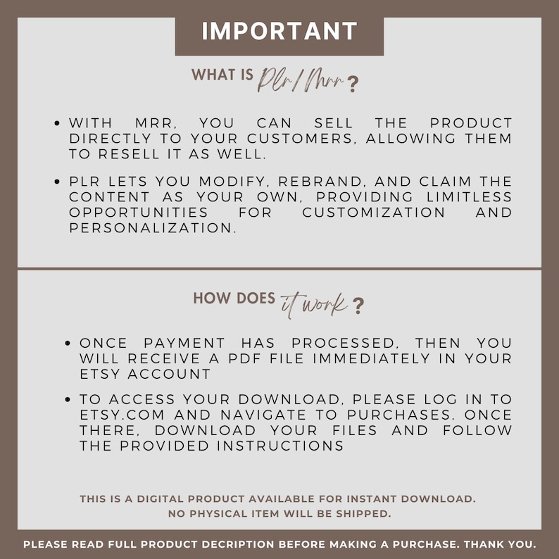 May include: A text-based image explaining the difference between MRR and PLR, two types of digital products. The image explains that MRR products can be resold by customers, while PLR products can be modified and rebranded. The image also explains how to access the digital product after purchase.