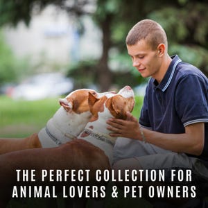 Może przedstawiać: Mężczyzna w niebieskiej koszuli głaszcze dwa brązowo-białe psy rasy pit bull. Psy patrzą na mężczyznę. Obrazek zawiera napis "THE PERFECT COLLECTION FOR ANIMAL LOVERS & PET OWNERS".