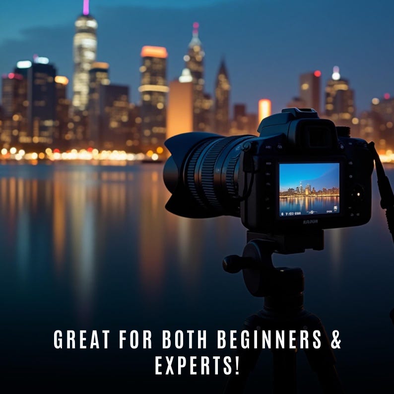 May include: A black camera with a lens pointed at a cityscape at night. The camera is on a tripod and the cityscape is reflected in the water. The camera's screen shows a close-up of the cityscape.  "GREAT FOR BOTH BEGINNERS & EXPERTS!"