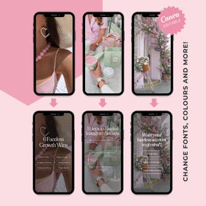 May include: A pink and white graphic design with six smartphone screens. The screens display images of jewelry, drinks, and floral arrangements. Text includes "Canva EDITABLE" and "CHANGE FONTS, COLOURS AND MORE!" The theme is social media marketing.