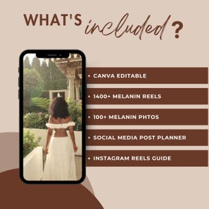 K&ouml;nnte beinhalten: Ein digitales Marketing-Kit f&uuml;r soziale Medien mit einer Frau in einem wei&szlig;en Kleid, die in einem Garten spaziert. Das Kit enth&auml;lt Canva-bearbeitbare Vorlagen, &uuml;ber 1.400 Melanin-Reels, &uuml;ber 100 Melanin-Fotos, einen Social-Media-Post-Planer und einen Instagram-Reels-Leitfaden.