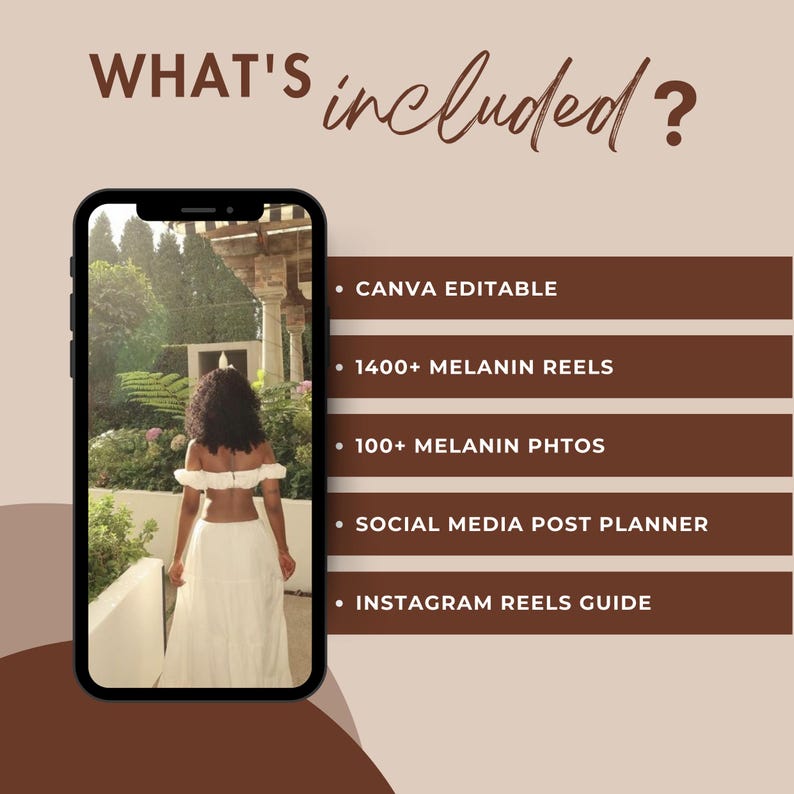 K&ouml;nnte beinhalten: Ein digitales Marketing-Kit f&uuml;r soziale Medien mit einer Frau in einem wei&szlig;en Kleid, die in einem Garten spaziert. Das Kit enth&auml;lt Canva-bearbeitbare Vorlagen, &uuml;ber 1.400 Melanin-Reels, &uuml;ber 100 Melanin-Fotos, einen Social-Media-Post-Planer und einen Instagram-Reels-Leitfaden.