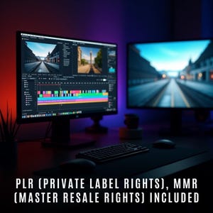 May include: Two computer monitors on a desk with a keyboard and mouse. The monitor on the left is displaying a video editing program with a city street scene in the background. The monitor on the right is displaying a city street scene. The text "PLR (PRIVATE LABEL RIGHTS), MMR (MASTER RESALE RIGHTS) INCLUDED" is displayed at the bottom of the image.
