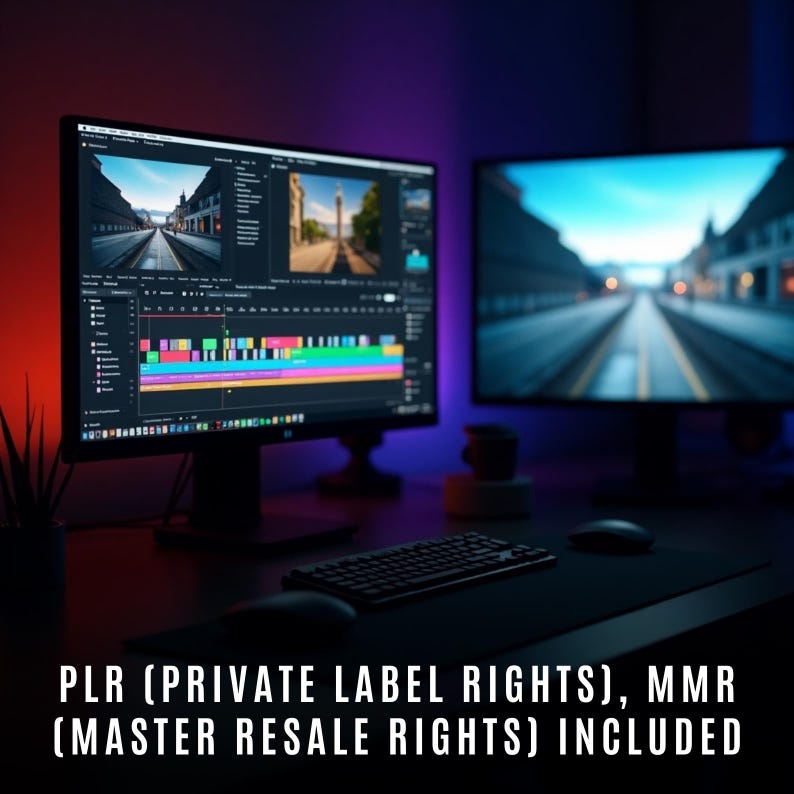 May include: Two computer monitors on a desk with a keyboard and mouse. The monitor on the left is displaying a video editing program with a city street scene in the background. The monitor on the right is displaying a city street scene. The text "PLR (PRIVATE LABEL RIGHTS), MMR (MASTER RESALE RIGHTS) INCLUDED" is displayed at the bottom of the image.