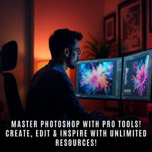 May include: A person working on a computer with two monitors. The monitors display colorful abstract designs. The text on the screen reads "MASTER PHOTOSHOP WITH PRO TOOLS! CREATE, EDIT & INSPIRE WITH UNLIMITED RESOURCES!"