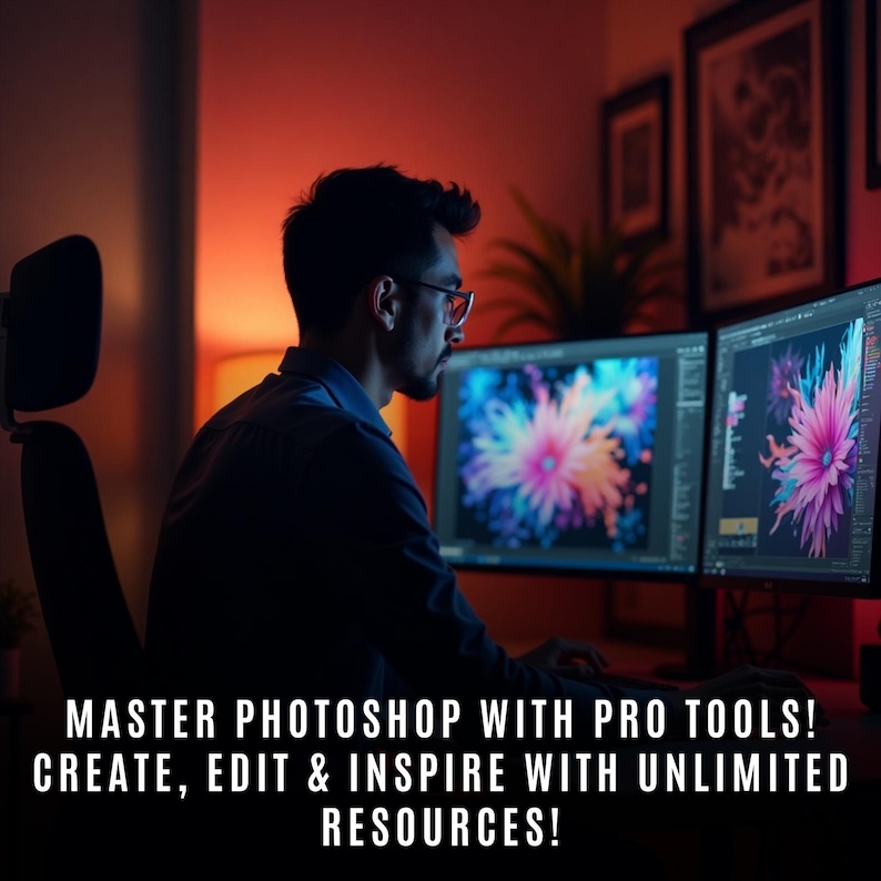 May include: A person working on a computer with two monitors. The monitors display colorful abstract designs. The text on the screen reads "MASTER PHOTOSHOP WITH PRO TOOLS! CREATE, EDIT & INSPIRE WITH UNLIMITED RESOURCES!"