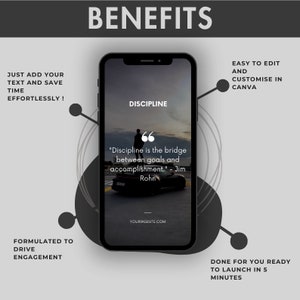 May include: A black and white image of a smartphone with a quote about discipline on the screen. The quote reads "Discipline is the bridge between goals and accomplishment." - Jim Rohn. The image is surrounded by circles and the word "BENEFITS" is at the top of the image.