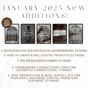 May include: Five digital product covers with titles: "Unlocking Etsy Ads for Digital Entrepreneurs", "How to Create & Sell Digital Products", "Online Business Planner", "Conquering Connections: Creating Authentic Connections", and "500+ Prompts for EL4UD3, G3Mini, etc for Your Small Business/ Digital Marketing Business".