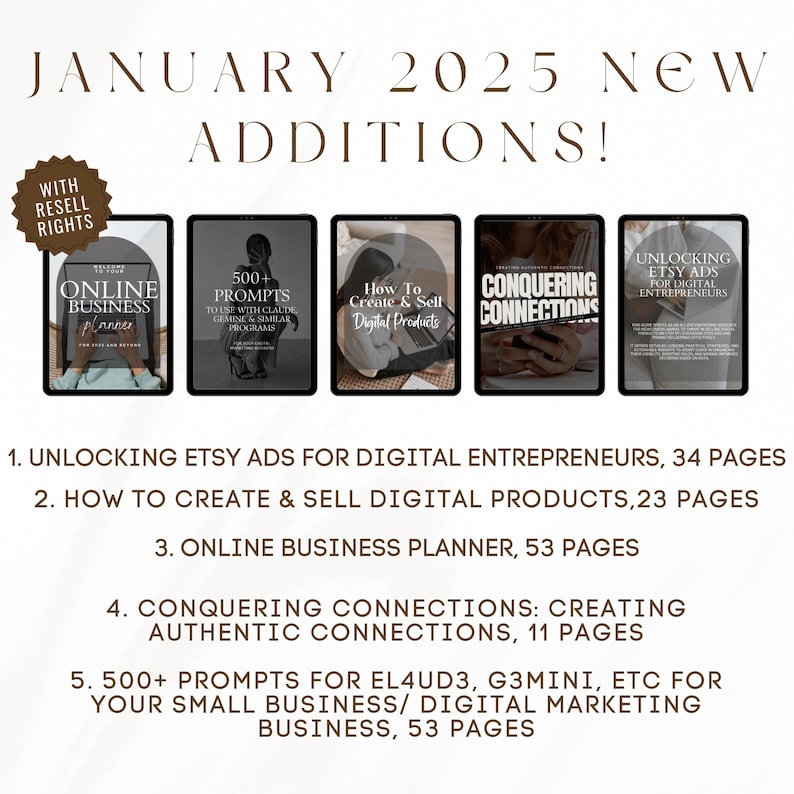 May include: Five digital product covers with titles: "Unlocking Etsy Ads for Digital Entrepreneurs", "How to Create & Sell Digital Products", "Online Business Planner", "Conquering Connections: Creating Authentic Connections", and "500+ Prompts for EL4UD3, G3Mini, etc for Your Small Business/ Digital Marketing Business".