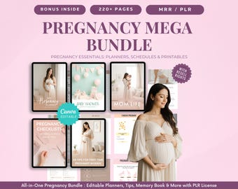 Modèles Canva pour packs grossesse avec MRR et PLR, planificateur de grossesse, liste de contrôle, guides parentaux, droits de revente, modèles grossesse