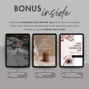 Peut inclure: Trois &eacute;crans de tablette num&eacute;rique montrant diff&eacute;rents guides pour les m&eacute;dias sociaux. Le premier &eacute;cran montre un guide pour la planification des publications sur les m&eacute;dias sociaux. Le deuxi&egrave;me &eacute;cran montre un guide pour les bobines sans visage. Le troisi&egrave;me &eacute;cran montre un guide pour la personnalisation des mod&egrave;les Canva.