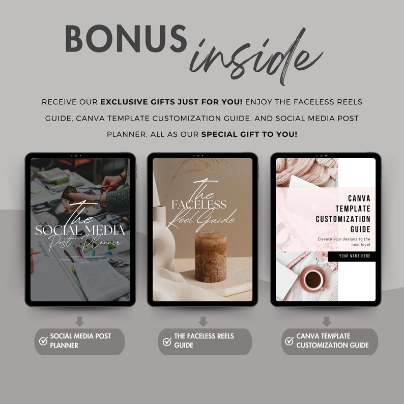 Peut inclure: Trois &eacute;crans de tablette num&eacute;rique montrant diff&eacute;rents guides pour les m&eacute;dias sociaux. Le premier &eacute;cran montre un guide pour la planification des publications sur les m&eacute;dias sociaux. Le deuxi&egrave;me &eacute;cran montre un guide pour les bobines sans visage. Le troisi&egrave;me &eacute;cran montre un guide pour la personnalisation des mod&egrave;les Canva.