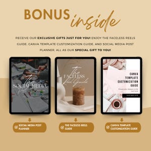 May include: Three digital guides for social media marketing. The first guide is titled "The Social Media Post Planner". The second guide is titled "The Faceless Reels Guide". The third guide is titled "Canva Template Customization Guide".