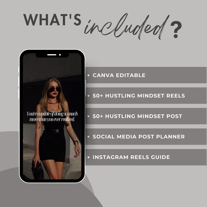 Peut inclure: L'&eacute;cran d'un t&eacute;l&eacute;phone affichant un planificateur de publication sur les r&eacute;seaux sociaux avec une citation qui dit : "Vous &ecirc;tes capable de faire tellement plus que vous ne l'avez jamais r&eacute;alis&eacute;." Le planificateur de publication comprend des mod&egrave;les modifiables Canva, plus de 50 bobines d'&eacute;tat d'esprit de la d&eacute;brouillardise, plus de 50 publications d'&eacute;tat d'esprit de la d&eacute;brouillardise, un planificateur de publication sur les r&eacute;seaux sociaux et un guide des bobines Instagram.