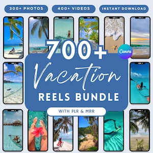 Puede incluir: Un collage de más de 700 vídeos y fotos de vacaciones para redes sociales. La imagen presenta un fondo azul con texto blanco que dice "700+ Vacation Reels Bundle with PLR & MRR". La imagen también incluye un logotipo de Canva y una variedad de imágenes con temática de vacaciones, incluidas playas, palmeras y agua.