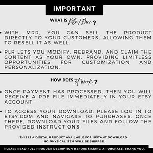 Puede incluir: Un fondo blanco con texto negro que explica los t&eacute;rminos "PLR" y "MRR" y c&oacute;mo funcionan. El texto explica que PLR te permite modificar, renombrar y reclamar el contenido como propio, brindando oportunidades ilimitadas para la personalizaci&oacute;n. El texto tambi&eacute;n explica que MRR te permite vender el producto directamente a tus clientes, permiti&eacute;ndoles revenderlo tambi&eacute;n. El texto tambi&eacute;n explica c&oacute;mo acceder a tu descarga despu&eacute;s de la compra.