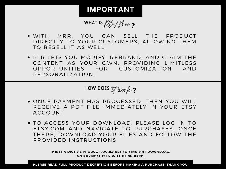 Puede incluir: Un fondo blanco con texto negro que explica los t&eacute;rminos "PLR" y "MRR" y c&oacute;mo funcionan. El texto explica que PLR te permite modificar, renombrar y reclamar el contenido como propio, brindando oportunidades ilimitadas para la personalizaci&oacute;n. El texto tambi&eacute;n explica que MRR te permite vender el producto directamente a tus clientes, permiti&eacute;ndoles revenderlo tambi&eacute;n. El texto tambi&eacute;n explica c&oacute;mo acceder a tu descarga despu&eacute;s de la compra.