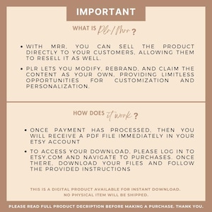 May include: A digital information sheet with text in a serif font on a beige background. The text explains the concept of PLR/MRR, how it works, and download instructions. The sheet includes the words "Important" and "How does it work?"