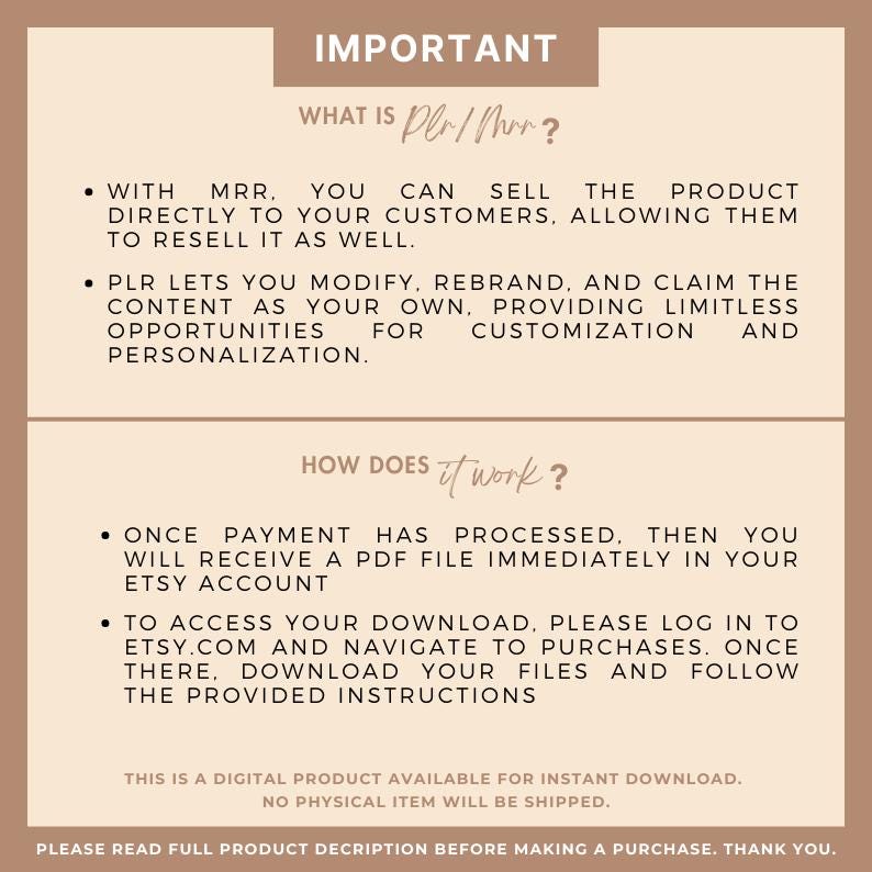 May include: A digital information sheet with text in a serif font on a beige background. The text explains the concept of PLR/MRR, how it works, and download instructions. The sheet includes the words "Important" and "How does it work?"