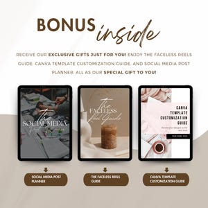 May include: Three digital tablet screens showing different guides for social media. The first screen shows a guide for social media post planning. The second screen shows a guide for faceless reels. The third screen shows a guide for Canva template customization.