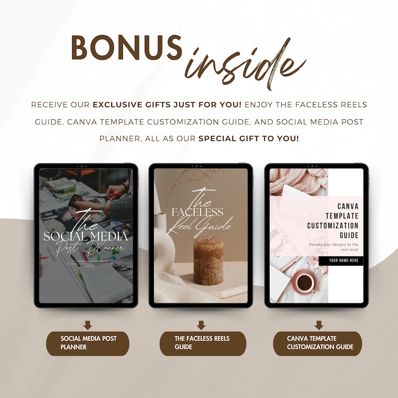 May include: Three digital tablet screens showing different guides for social media. The first screen shows a guide for social media post planning. The second screen shows a guide for faceless reels. The third screen shows a guide for Canva template customization.