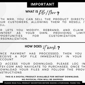 May include: A black and white graphic with text explaining MRR and PLR digital products. The text details how to sell, modify, and rebrand the product. It also explains how to access the digital download after purchase.