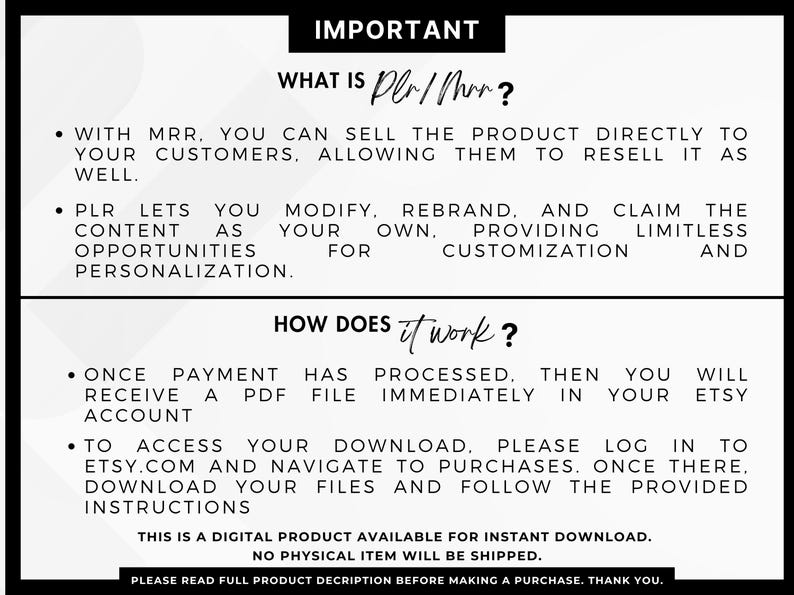 May include: A black and white graphic with text explaining MRR and PLR digital products. The text details how to sell, modify, and rebrand the product. It also explains how to access the digital download after purchase.