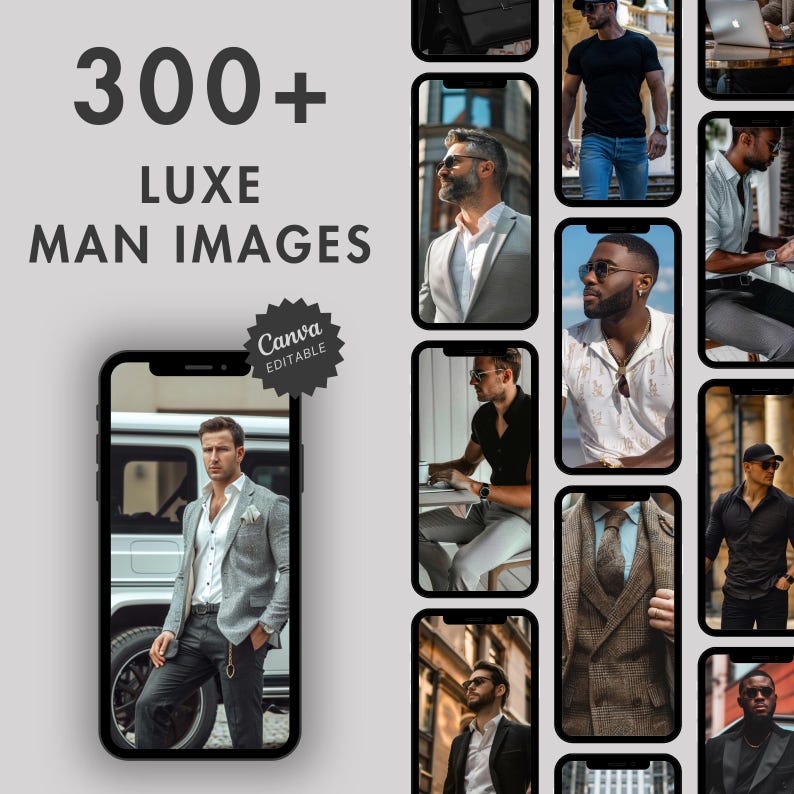 May include: A collage of images featuring men in various settings, showcasing different styles of clothing. The images are arranged in a grid pattern and feature a variety of backgrounds, including city streets, parks, and indoor settings. The text "300+ LUXE MAN IMAGES" is displayed at the top of the collage, along with a Canva logo.
