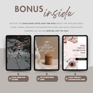May include: Three digital tablet screens showing different guides for social media. The first screen shows a guide for social media post planning. The second screen shows a guide for faceless reels. The third screen shows a guide for Canva template customization.