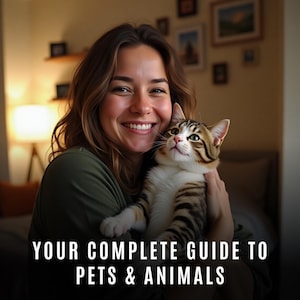 Może przedstawiać: Kobieta z długimi brązowymi włosami uśmiecha się, trzymając w ramionach kota w paski. Kot patrzy w obiektyw. Tekst "YOUR COMPLETE GUIDE TO PETS & ANIMALS" znajduje się na dole obrazu.