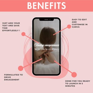K&ouml;nnte beinhalten: Eine rosa und wei&szlig;e Grafik mit dem Text "VORTEILE" in Wei&szlig;. Die Grafik zeigt ein Smartphone, auf dem ein rosa und wei&szlig;es Bild mit dem Text "Fuling mompreneurs 0 BIS 10.000 &euro; / MONAT ALS SAHM" angezeigt wird. Die Grafik enth&auml;lt auch Text, der die Vorteile der Verwendung des Produkts beschreibt, wie z. B. "F&uuml;gen Sie einfach Ihren Text hinzu und sparen Sie Zeit m&uuml;helos!" und "Einfach zu bearbeiten und in Canva anzupassen".