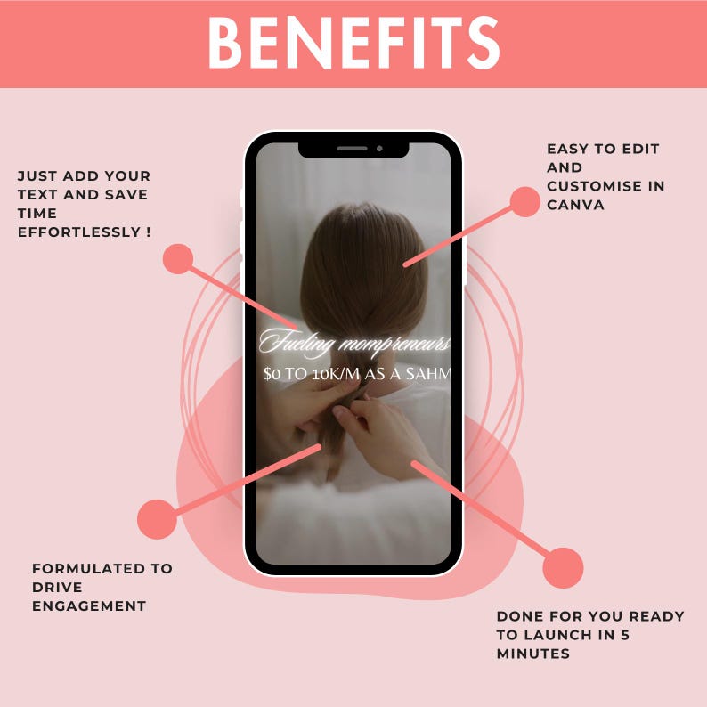 K&ouml;nnte beinhalten: Eine rosa und wei&szlig;e Grafik mit dem Text "VORTEILE" in Wei&szlig;. Die Grafik zeigt ein Smartphone, auf dem ein rosa und wei&szlig;es Bild mit dem Text "Fuling mompreneurs 0 BIS 10.000 &euro; / MONAT ALS SAHM" angezeigt wird. Die Grafik enth&auml;lt auch Text, der die Vorteile der Verwendung des Produkts beschreibt, wie z. B. "F&uuml;gen Sie einfach Ihren Text hinzu und sparen Sie Zeit m&uuml;helos!" und "Einfach zu bearbeiten und in Canva anzupassen".