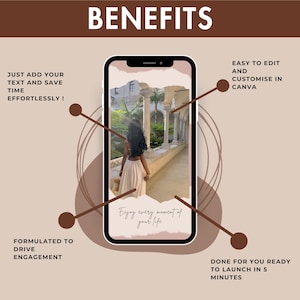 K&ouml;nnte beinhalten: Ein Handy-Bildschirm-Mockup mit einem Foto einer Person, die durch einen gew&ouml;lbten Durchgang geht. Der Text "Genie&szlig;e jeden Moment deines Lebens" ist auf dem Bildschirm zu sehen. Der Handy-Bildschirm ist von braunen Kreisen und Linien umgeben. Der Text "F&uuml;ge einfach deinen Text hinzu und spare Zeit m&uuml;helos!" befindet sich in der oberen linken Ecke. Der Text "Formuliert, um Engagement zu f&ouml;rdern" befindet sich in der unteren linken Ecke. Der Text "Einfach zu bearbeiten und in Canva anzupassen" befindet sich in der oberen rechten Ecke. Der Text "F&uuml;r dich bereit, in 5 Minuten zu starten" befindet sich in der unteren rechten Ecke.