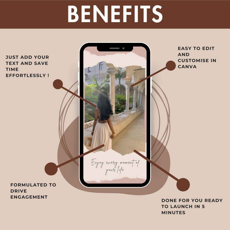 K&ouml;nnte beinhalten: Ein Handy-Bildschirm-Mockup mit einem Foto einer Person, die durch einen gew&ouml;lbten Durchgang geht. Der Text "Genie&szlig;e jeden Moment deines Lebens" ist auf dem Bildschirm zu sehen. Der Handy-Bildschirm ist von braunen Kreisen und Linien umgeben. Der Text "F&uuml;ge einfach deinen Text hinzu und spare Zeit m&uuml;helos!" befindet sich in der oberen linken Ecke. Der Text "Formuliert, um Engagement zu f&ouml;rdern" befindet sich in der unteren linken Ecke. Der Text "Einfach zu bearbeiten und in Canva anzupassen" befindet sich in der oberen rechten Ecke. Der Text "F&uuml;r dich bereit, in 5 Minuten zu starten" befindet sich in der unteren rechten Ecke.