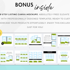 May include: Image with text: "BONUS inside" and "GET 70 ETSY LISTING CANVA MOCKUPS. ABSOLUTELY FREE!" It showcases mockups of Etsy listing templates. The image includes a "WITH RESELL RIGHTS" badge and several template examples.