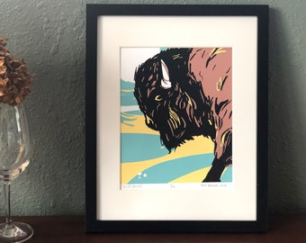 Blue Bison - Silkscreen, Art Print, Handmade Screenprint