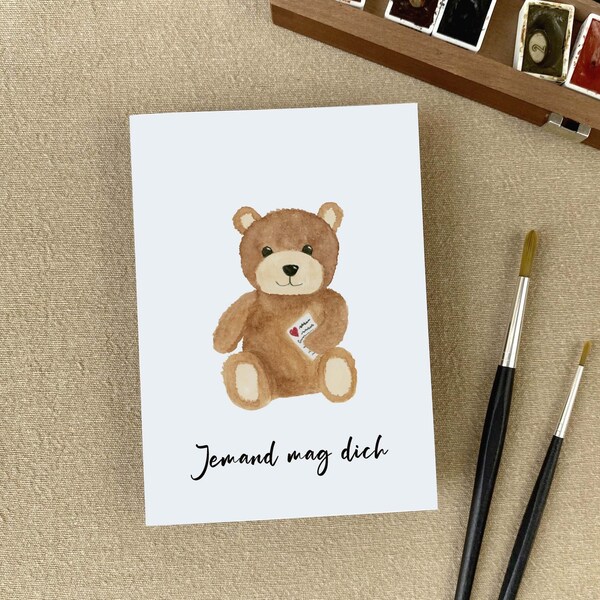 Postkarte A6 *Teddy mit Brief* | Valentinstag | Süße Karte | Jemand mag dich | Teddybär | Aquarell | Recyclingpapier | Einfach-so