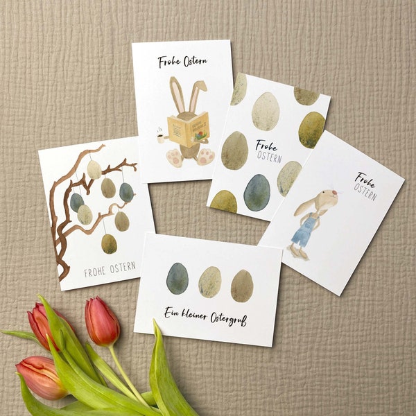 5er-Set Osterkarten A6 | 5 Postkarten zu Ostern im Set | Grußkarten-Set Ostern | Frohe Ostern | Aquarell | Recyclingpapier | Ostergrüße