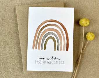 Karte zur Geburt A6 *Regenbogen* | Postkarte oder Klappkarte | Grußkarte | wie schön, dass du geboren bist | Aquarell | Recyclingpapier